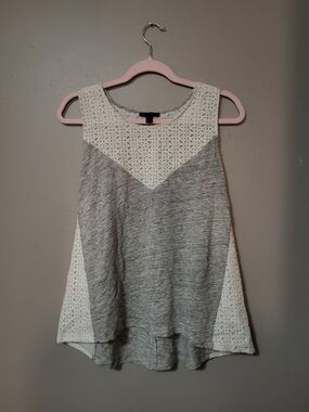 J. Crew Gray and White Eyelet-Trim Sleeveless Tank Top XL